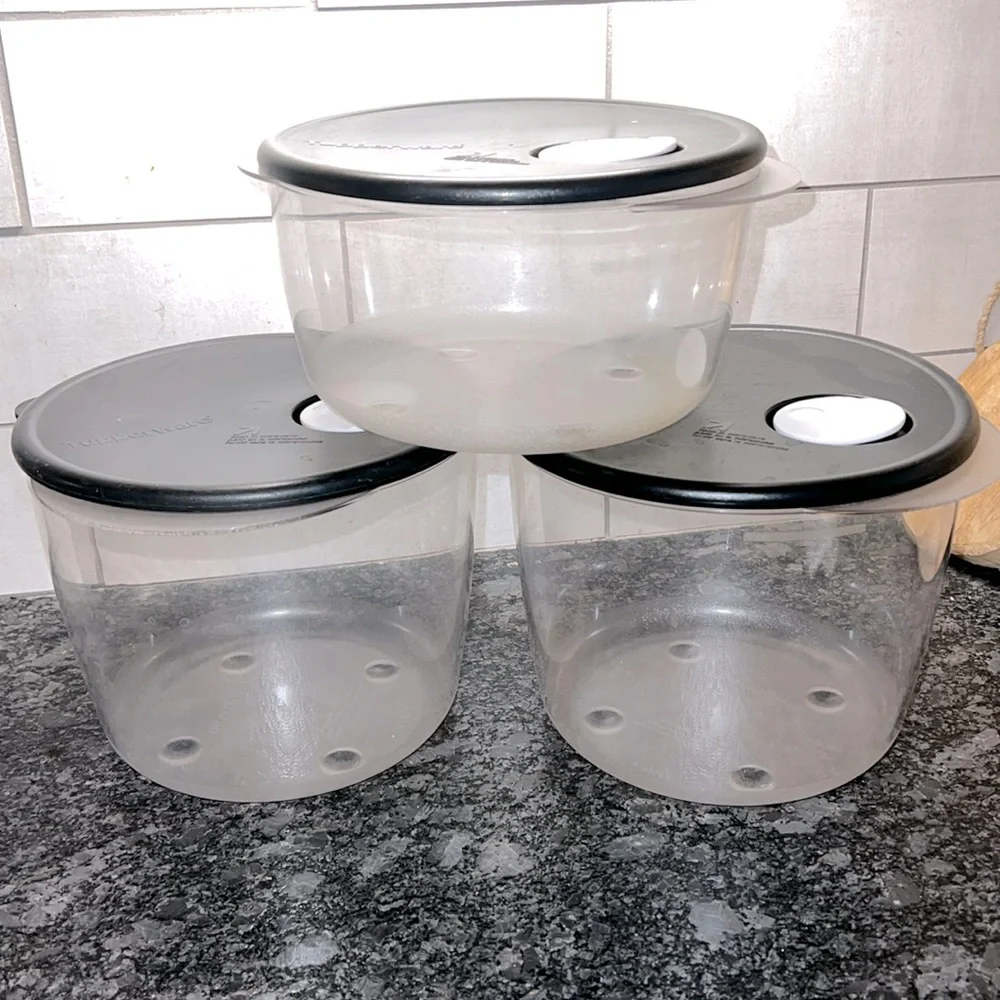 Set of 3 Vent N Serve containers. In excellent condition. Clear with black lids.